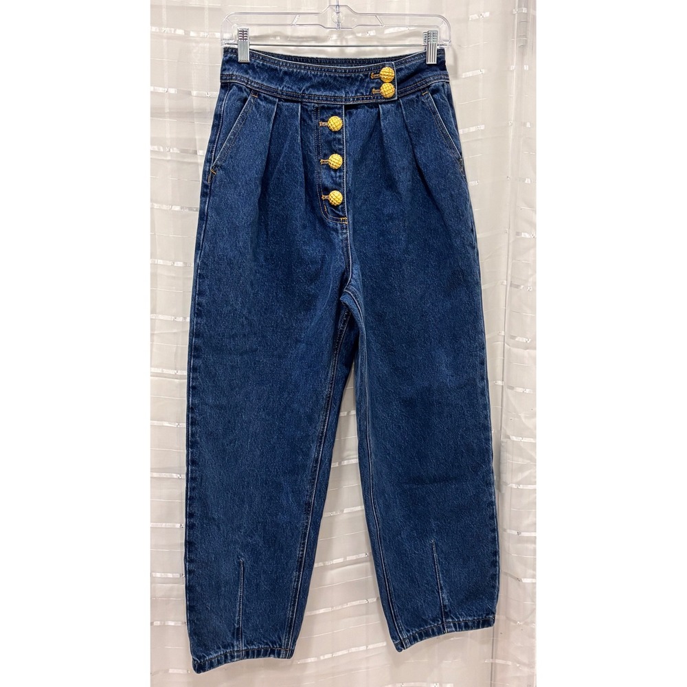 English Factory Women Blue Pleated‎ Tapered Jeans Gold Button Fly Size Small NEW